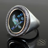 Bird on a branch - Opal Mosaic Signet Ring