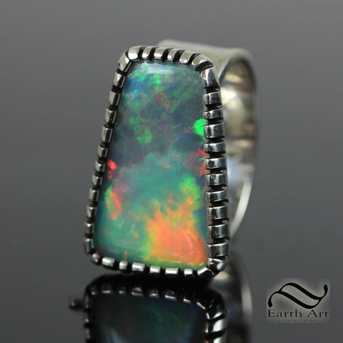 Solid Australian Crystal opal in Castellated Bezel Ring