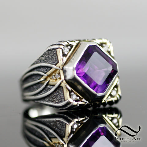 Aggressive Amethyst and Diamond Signet in 18k and Sterling Silver
