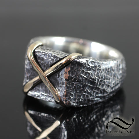 Rustic Gold X Ring - Sterling and 14k