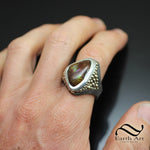 Fire agate Signet in Sterling and 14k Gold