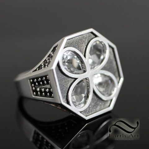 Black and White Clover Ring - Sterling and Topaz