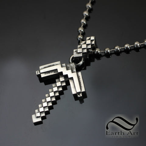 Pixelated Pickaxe Pendant- Sterling Silver - video game Inspired