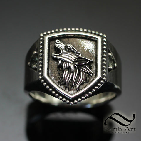 Howling Wolf Signet Ring - Sterling and Sapphire