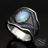 Blue on Black Mens Opal Cigar Band - Sterling Silver