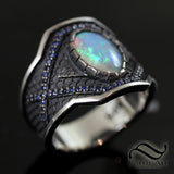 Blue on Black Mens Opal Cigar Band - Sterling Silver