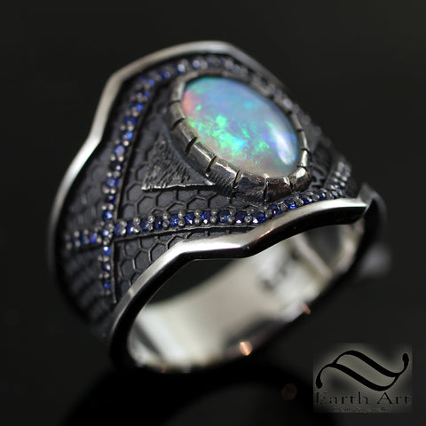 Blue on Black Mens Opal Cigar Band - Sterling Silver