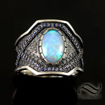 Blue on Black Mens Opal Cigar Band - Sterling Silver