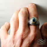Rugged 5 ct Mens Blue Zircon signet Ring - Sterling silver & 18k
