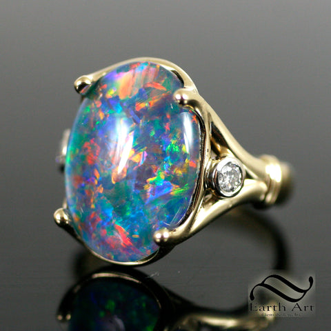 Solid 14k Opal and Diamond cocktail Ring