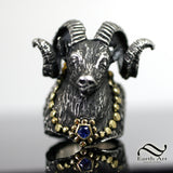 Rams Head Ring in 18k and Sterling with Sapphire