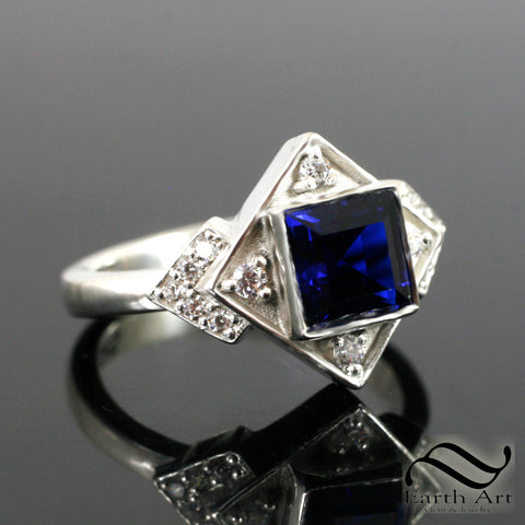 Art Deco Sapphire Terrace Ring - Sterling or gold with Lab Created Sapphire