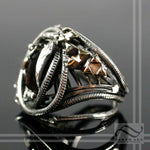 Black Fire Obsidian Ring -  Sterling and Gold - Signet ring