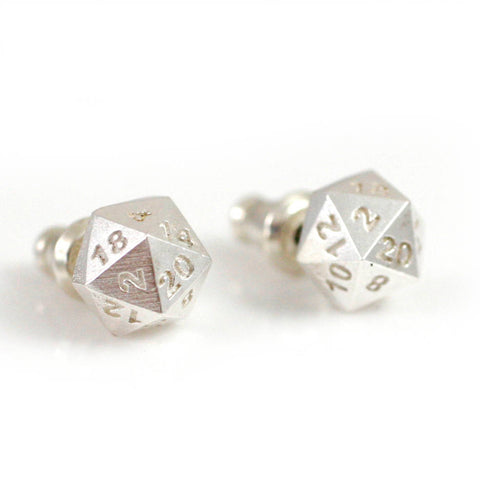 D20 Double Damage Earrings - Available in sterling silver, 14k white and yellow gold 20 sided dice studs