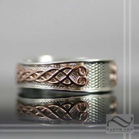 Mens Continuum Silver and 10k Rose gold Tapered Celtic Wedding Band