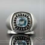 Blue Zircon and Spinel Signet Ring - Solid Sterling Silver heavy mens ring