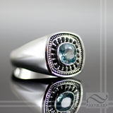 Blue Zircon and Spinel Signet Ring - Solid Sterling Silver heavy mens ring