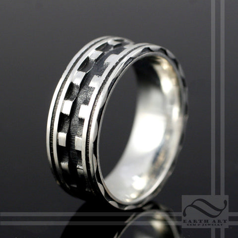 Mens Gears Band - Sterling Silver - Industrial steam punk wide wedding ring